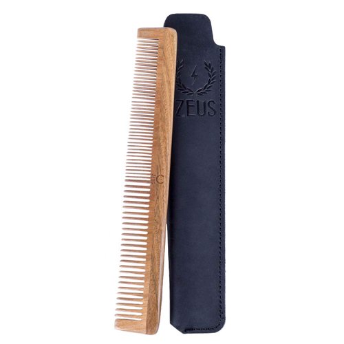 ZEUS Sandalwood Beard & Mustache Comb w/Leather Sheath. Handmade Saw-Cut, Anti-Static Comb - L31