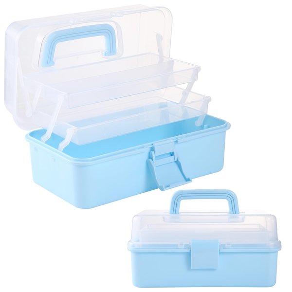Flower River 11(in) Versatile Three-Layer Folding Organizer Box,Ideal for Art & Crafts,Toys,Sewing Supplies,Jewelry and Tools,Storage with Dual Trays,Elegant Blue