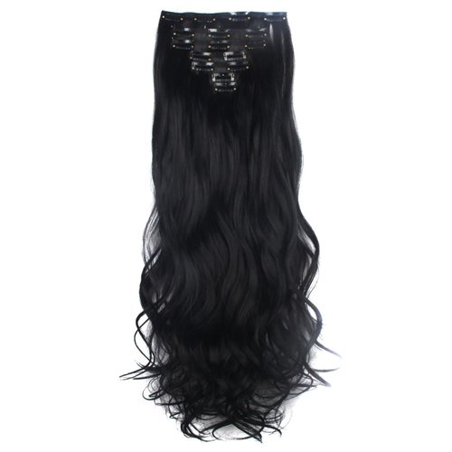 Lelinta 7Pcs 16 Clips 24 Inch Wavy Curly Full Head Clip in on Double Weft Hair Extensions, Dark Black, 24 Inch