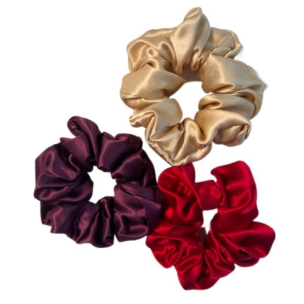LIJDE Mulberry Silk Hair Scrunchies - 100% Pure Mulberry Silk-25 Momme Silk Hair Ties - Frizz Prevention and Prevents Breakage & Tangles, 3 Pcs (Gold, Dark Pink, Red)