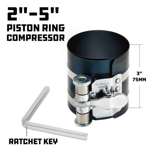 Powerbuilt Piston Ring Compressor, 2 Inch to 5 Inch Diameter, Compress Pistons, Ratcheting Lock, Release Lever, Slide into Cylinder - 648433