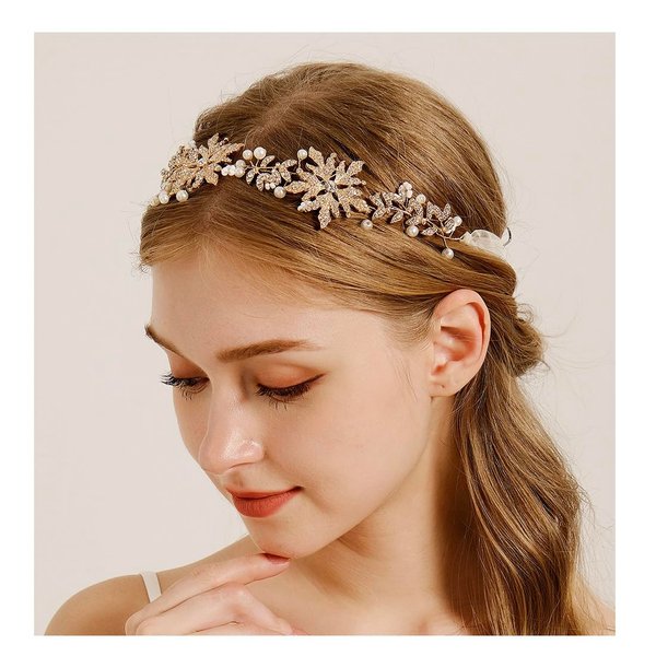 LEMOXIVI Wedding Headband for Bride Gold Floral Bridal Headband Rhinestone Headpiece Wedding Hair Accessories Crystal Pearl Hair Vine