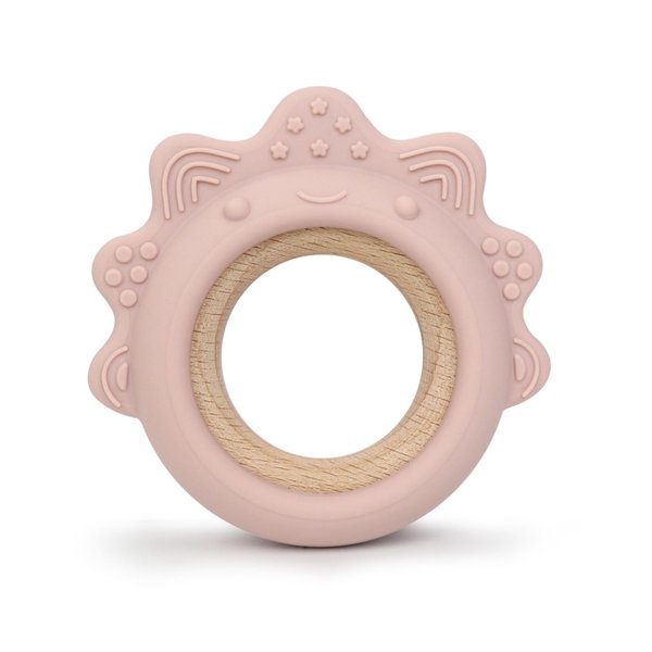 Arudyo Baby Teething Toys Silicone Teethers with Wooden Ring Baby Teether Sensory Toys (Dinosaur Pink)