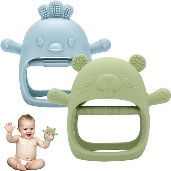 2 Pack Baby Teething Toys, Silicone Teething Mittens Mitts for Baby, Soft Hand Teether, Teething Toys 6 12 Months for Baby Toddler Infant, Chew Toys for Sucking Needs (Blue+Green)