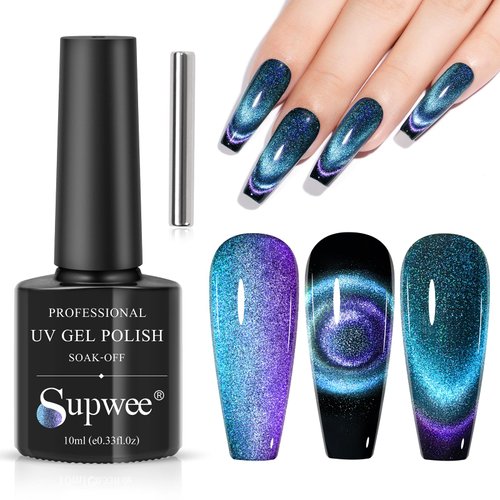 SUPWEE 9D Cat Eye Gel Nail Polish with Magnet, 10ML Cateye Nail Polish Gel Holographic Chameleon Effects Magnetic Nail Polish Soak Off UV Gel Manicure DIY at Home 003