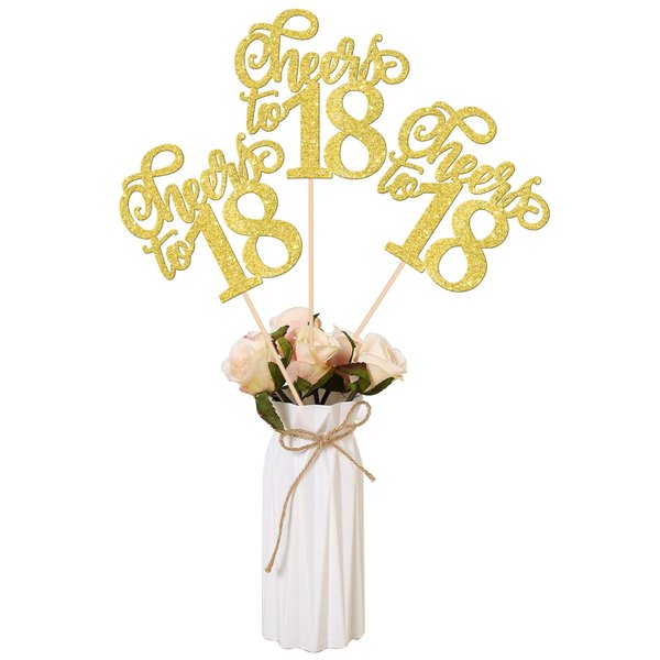 12 PCS Cheers to 18 Centerpiece Sticks Double Sided Glitter 18th Birthday Cake Toppers Number 18 Centerpieces Table Flower Topper Decorations for 18th Birthday Party Centerpiece Supplies Gold