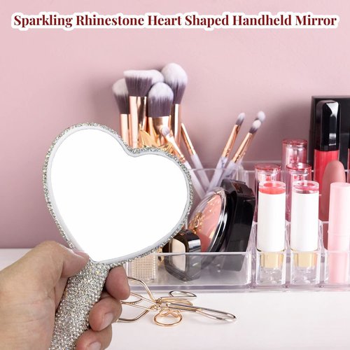 LOPURO Sparkling Rhinestone Heart Shaped Handheld Mirror, Rhinestone Handheld Heart Mirror Bling Glitter Cute Cosmetic Hand Mirror with Handle Portable Makeup Mirror for Women Girls Travel