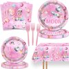 51 Pcs Outer Space Girls 2nd Birthday Party Supplies Two The Moon Birthday Decorations Tableware Includes Table Cloth, Plates, Napkins, Forks for Pink Space Two Years Old Birthday Party Decorations