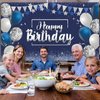 Happy Birthday Decorations Backdrop, Glitter Birthday Backdrop Sign, Happy Birthday Banner, Birthday Party Supplies Photo Background for Children Men Women, 72.8 x 43.3 Inch (Silver and Navy Blue)