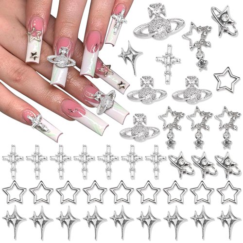RODAKY 40PCS Planet Nail Charms 3D Star Nail Jewelry Silver Cross Nail Art Charms Dangle Star Charms for Nail Crystal Rhinestones Shiny Starlight Nail Gems Y2k Nail Decoration for Manicure DIY