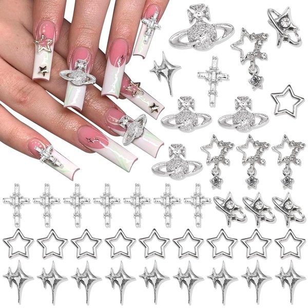 RODAKY 40PCS Planet Nail Charms 3D Star Nail Jewelry Silver Cross Nail Art Charms Dangle Star Charms for Nail Crystal Rhinestones Shiny Starlight Nail Gems Y2k Nail Decoration for Manicure DIY