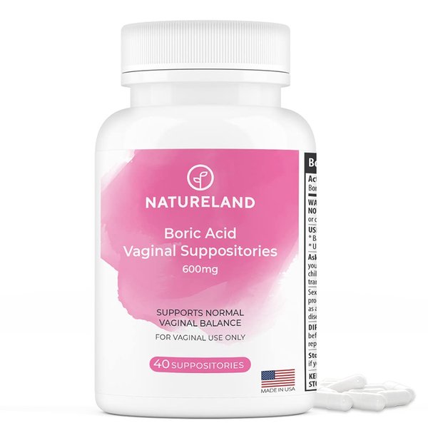 Natureland 40 Count, 600mg Boric Acid Vaginal Suppositories, Made in USA, Restore pH Balance and Reduce Dryness, Odors, Itchiness, and Discharge, Support Intimate Health (40 Count (Pack of 1))
