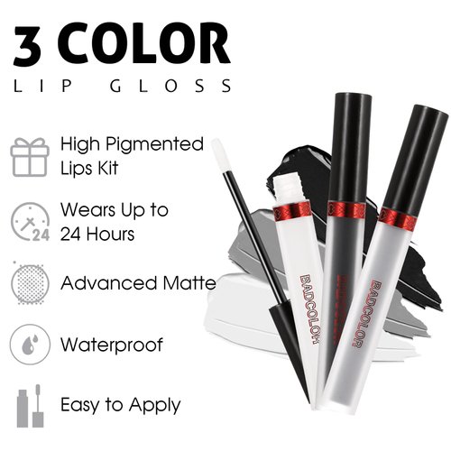 BADCOLOR 3 Colors Matte Liquid Lipstick Set, 24-Hour Smudge Proof Permanent Dark Lipstick Waterproof Velvet Nonstick Cup Stain Lip Gloss Set, Halloween Makeup Lip Gloss Gift - Black, White, Grey