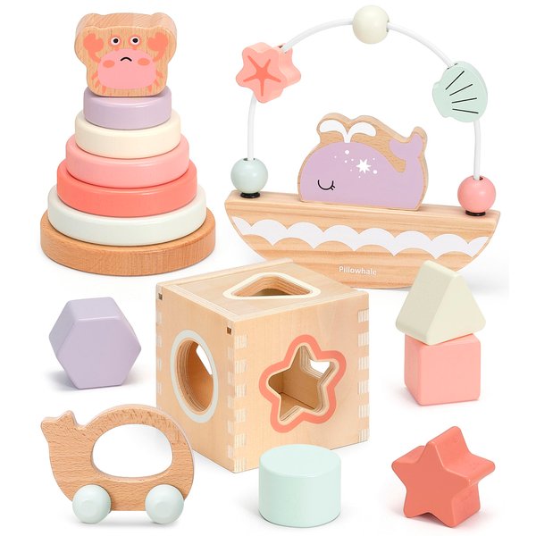 Pillowhale 4-in-1 Wooden Toddler Toys for 1 Year Old, Wooden Stacking Rings Tower, Shape Sorter Box, Bead Maze, Wood Baby Push Car, Wooden Stacking Toys for Boys Girls 12m+