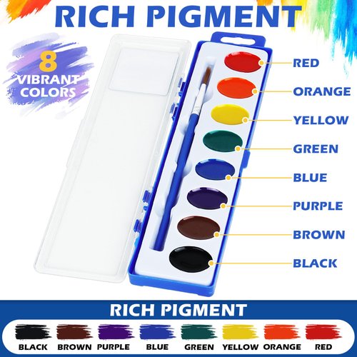 Watercolor Paint Set for Kids - Bulk Pack of 10, 8 Colors Washable Water Color Paints Sets with Paint Brush, Kids Watercolor for Coloring, Art, Party Favors, Classrooms and Paint Supplies