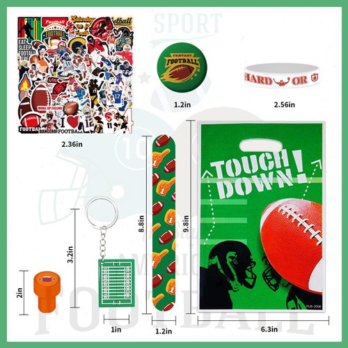 emzrivo Football Party Favors 244 Pcs Football Birthday Party Decorations With Goodie Bags Wristbands Stickers Keychains Stamps Slap Bracelets Badges for Football Party Supplies (Football)