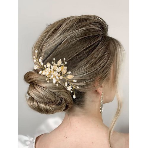 Heread Leaf Bride Wedding Hair Comb Crystal Bridal Hair Accessories Pearl Hair Piece for Women and Girls (C Gold)