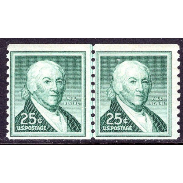 USA 1965 25-Cent Paul Revere Coil Pair of Postage Stamps, Catalog No 1059A, Mint Never Hinged