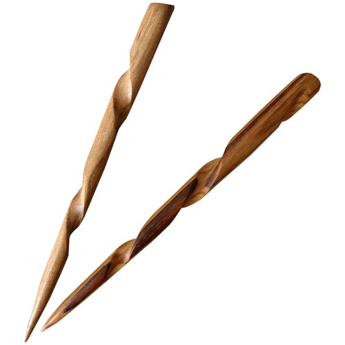 (2) Teak Wood Conical Spiral 6" long Hair Stick Pick Pic Pin Fork Brown