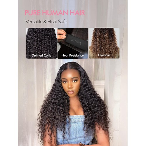 SHINEWIGHAIR Deep Wave Lace Front Wigs Human Hair 7x5 HD Lace Front Wigs Human Hair Pre Plucked Curly Wig Glueless Wigs Human Hair 200% Density For Black Women Natural Wig (Natural, 22inch)