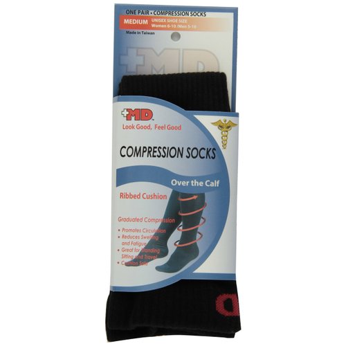 MD USA Ribbed Cotton Compression Socks with Cushion, Black, Medium