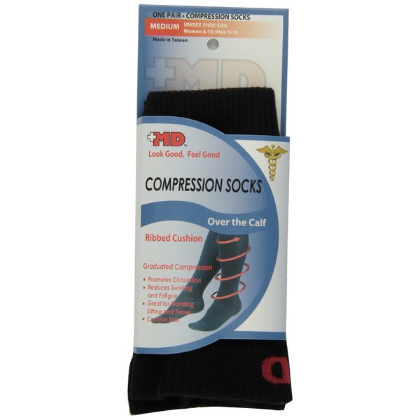 MD USA Ribbed Cotton Compression Socks with Cushion, Black, Medium