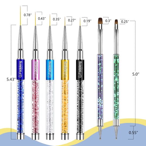 Nail Art Brushes, 7Pcs Nail Design Brushes for Salon at Home DIY Manicure with Nail Liner Brush and Double-ended Fine Nail Art Pen (7/9/11/15/20mm)