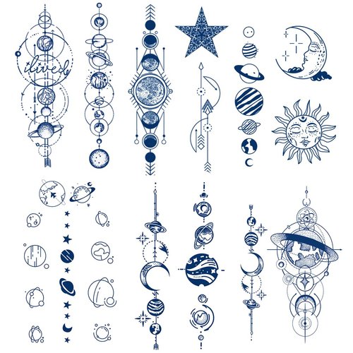Semi Permanent Planet Temporary Tattoos, 6-Sheet 2 Weeks Long Last Waterproof Moon Star Sun Tattoos, 100% Plant-Based Ink Infinity Realistic Tattoos Sticker