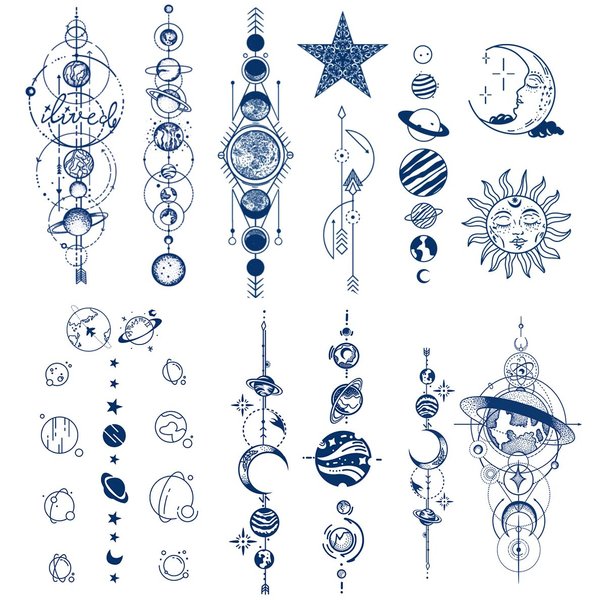 Semi Permanent Planet Temporary Tattoos, 6-Sheet 2 Weeks Long Last Waterproof Moon Star Sun Tattoos, 100% Plant-Based Ink Infinity Realistic Tattoos Sticker
