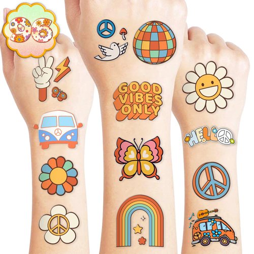 96PCS Groovy 70s Temporary Tattoos Birthday Party Decorations Favors Flower Power Good Vibes Retro Cute Tattoos Sticker Gift for Kids Boys and Girls, Prizes Themed Baby Shower Supplies