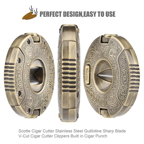 Scotte Cigar Cutter Stainless Steel Guillotine Sharp Blade V-Cut Cigar Cutter Clippers Built in Cigar Punch (Gold)