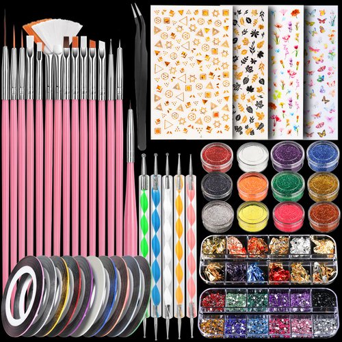 Nail Art Kit with Nail Glitter & Nail Sticker, Teenitor Nail Art Brushes for Beginners Nail Dotting Tool with Nail Gems Nail Art Striping Tape