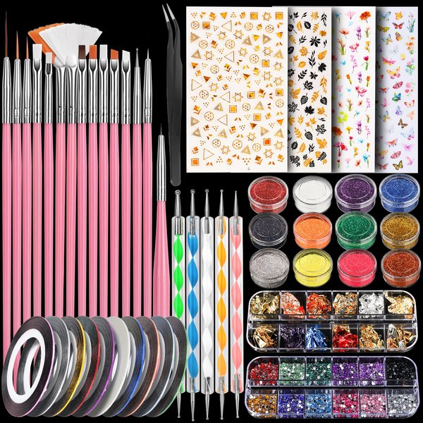 Nail Art Kit with Nail Glitter & Nail Sticker, Teenitor Nail Art Brushes for Beginners Nail Dotting Tool with Nail Gems Nail Art Striping Tape