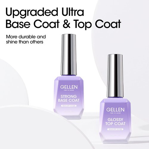 Gellen Gel Top Coat and Base Coat 2 Pcs 18ml Superior Base Coat Top Coat Set No Wipe Soak Off Ultra Glossy Top Coat Gel Nail Polish UV LED Clear Nail Polish Long Lasting for 28+ Days