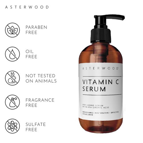 ASTERWOOD Face Serum Vitamin C with Hyaluronic Acid, Anti Aging, Anti Wrinkle, Vitamin C Serum for Face Dark Spots, Eye Serum, Facial Skin Care Products, Classic Formula Pump Bottle (8 oz)