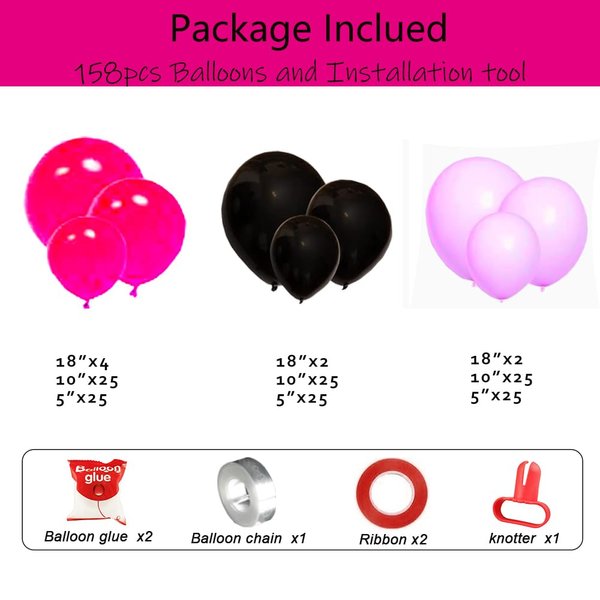 Leesoot All In One 158pcs Black and Pink Balloons Arch Garland Kit, 5 10 12 18inch Different Size Latex Balloon Birthday Party Valentine's Day Mother's Day Princess Theme Party Decor + Tools