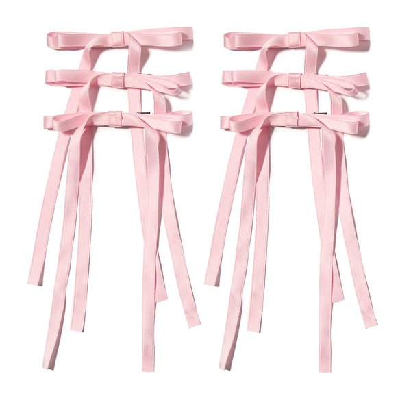 LFOUVRE Pink Hair Bow, 6pcs Hair Bows for Women, Pink Hair Clips for Girls, Pink Bow with Tassel, Bowknot Pink Hair Ribbons for Women, Pink Bow Hair Clips, Pink Bow for Hair, Pink Hair Accessories