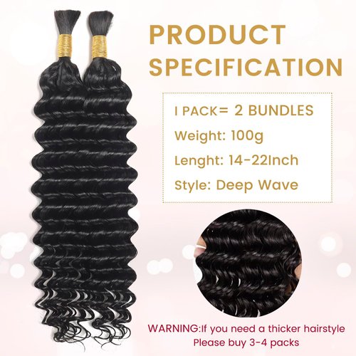 BUGUQI Human Braiding Hair 2 Bundles 100g Deep Wave Bulk Boho Braids Human Hair Unprocessed Brazilian Virgin Curly Hair Extensions for Braids Natural Black Color No Weft(18 Inch)
