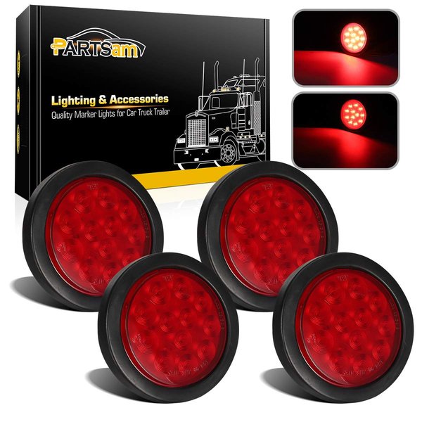 Partsam 4Pcs 4 Inch Round Led Trailer Tail Lights Kit Red 12 LED Waterproof 4" Brake Stop Turn Tail Marker Trailer Lights Sealed Flush Mount for Truck RV Boat UTE UTV 12V Grommet Plug Included