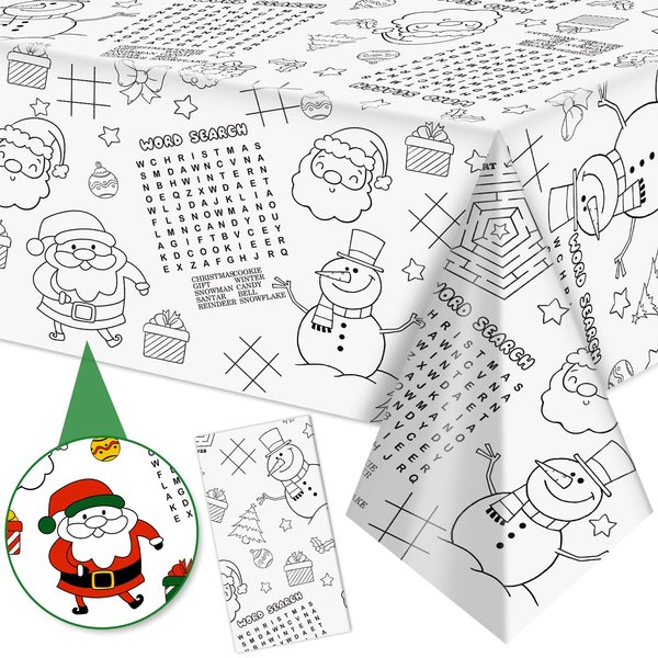 Labeol 1 Pack Christmas Tablecloth,Christmas Coloring Tablecloth for Kids,54"x108" Giant Christmas Santa Claus Snowman Maze Color-in Paper Poster Table Cover for Christmas Winter Party Arts and Crafts