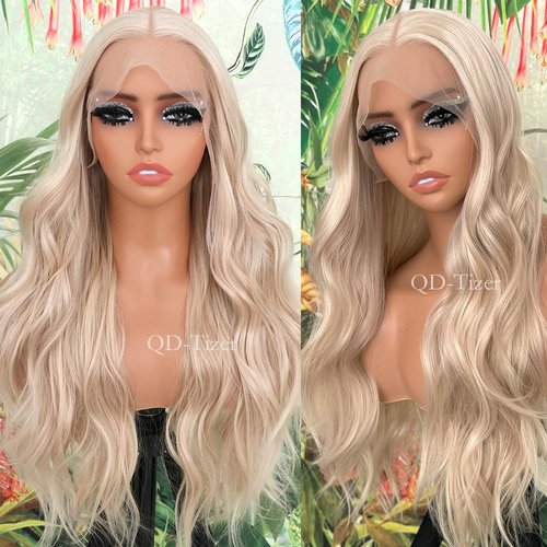 QD-Tizer Blonde Color Synthetic Lace Front Wigs Long Wavy Hair Wigs for Women Loose Curly Mixed ash Blonde Glueless Wigs Pre Plucked Heat Resistant Body Wave Synthetic Hair