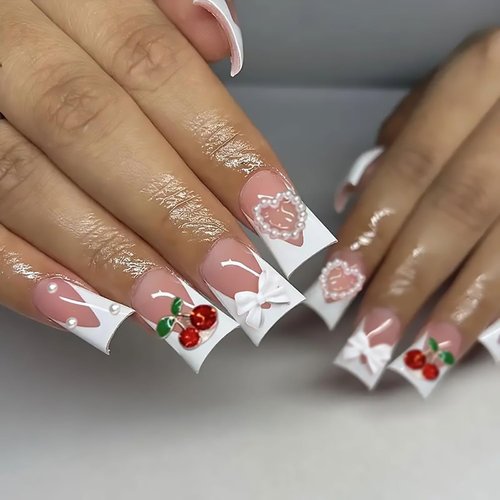 Tyuimhx 24Pcs Duck Nails Press on White Wide French Tip Fake Nails With Pearls 3D Cherry White Bow Designs Full Cover Duck Feet Nail Tip Acrylic Duck False Nails Stick on Nails for Women Girls