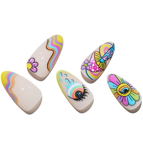 GLAMERMAID Press on Nails Medium Almond, Gothic Matte Rainbow Flower Glue on Gel Nails, 24Pcs Colorful Short Almond Mushroom Acrylic False Nails Kits Resuable UV Finish Full Cover Stick on Nails