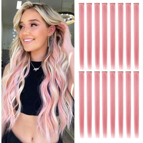 SARARHY 16 Pcs Colored Hair Extensions Clip in kids,Pink Hair Extensions for Girls Women 21" Fairy Synthetic Hairpieces Long Straight Pink Hair Accessories (Smoke pink)