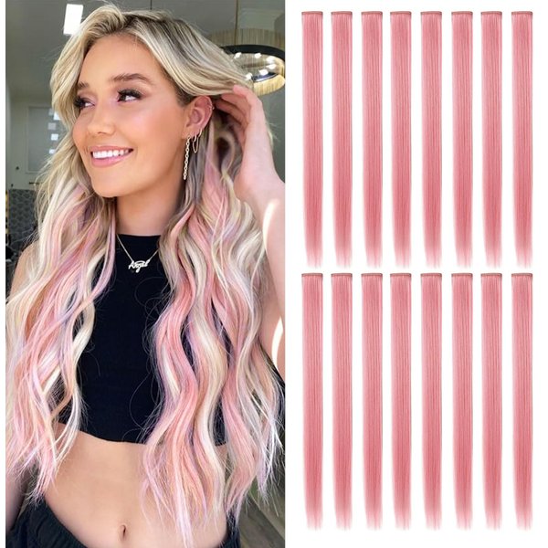 SARARHY 16 Pcs Colored Hair Extensions Clip in kids,Pink Hair Extensions for Girls Women 21" Fairy Synthetic Hairpieces Long Straight Pink Hair Accessories (Smoke pink)