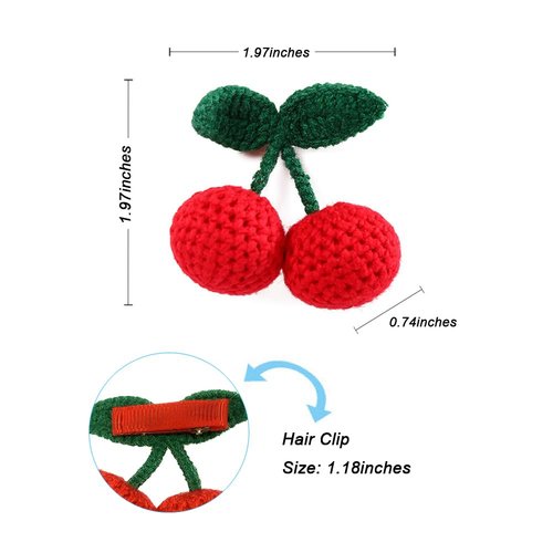 2Pcs Girls Hair Clips, Handmade Crochet Sweet Cherry Shape Hair Barrettes, Manual Knitted Cute HairPins Alligator Clip Hand-Woven Creative Hair Slide, Fashion Hair Accessories for Kids Teens Gifts