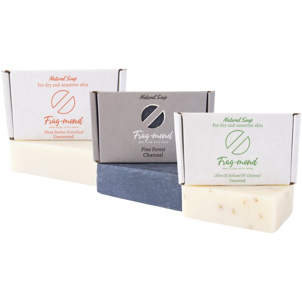 Frag-mend Men’s Natural & Vegan Cold Process Bar Soap Made from Natural Oils Moisturizing for Face & Body - No Harmful Chemicals For All Skin Types - Olive Oil, Charcoal, Shea Butter 3 Pack
