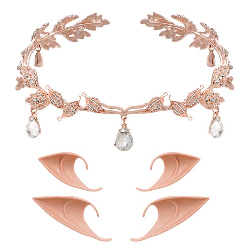 Rhinestone Leaf Wedding Tiara Crown with 2 Pairs Elf Ear, Nydotd Rhinestone Headband Headdress and Latex Fairy Pixie Ears Goblin Ears for Brides Pageants Wedding Halloween Cosplay Party Costume