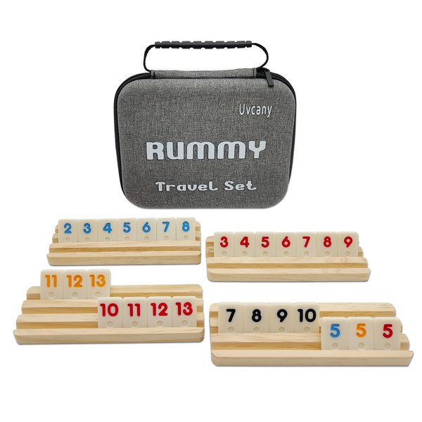 uvcany Travel Rummy Cube Set with 4 Wooden Racks, 106 Rummy Cube Game Tiles with Portable Case for Family Classic Board Games - Travel Edition