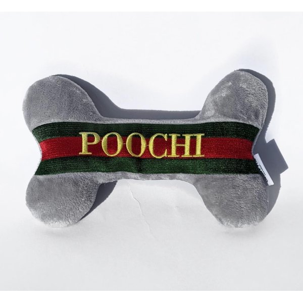 Vanity Fur Pet Shop 2-in-1 Plush Squeaky Dog Toy with Rubber Bone | Interactive & Enrichment Chew Toy for Dogs | Poochi Designer Parody – Grey Fashion | Durable, Stuffed & Squeaker Toy